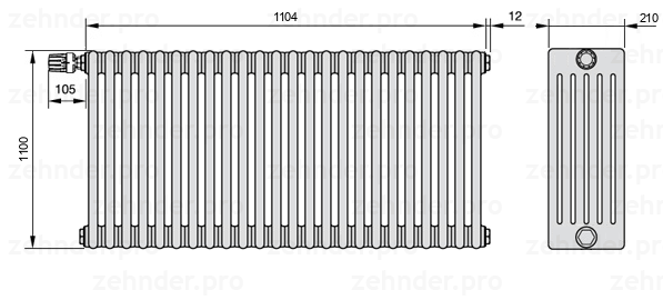 Схема (чертеж) Радиатор Zehnder Charleston 6110/24 №V012 Белый глянцевый RAL 9016
